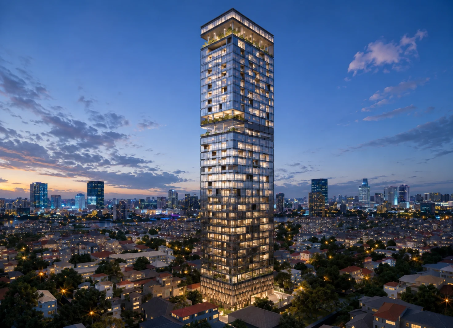 Commercial building architectural rendering and business center