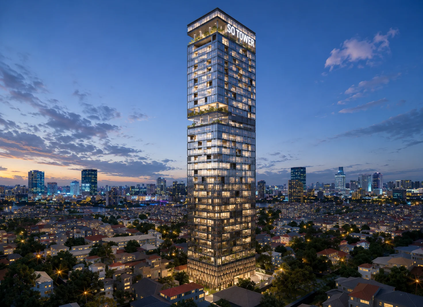 Commercial building architectural rendering and business center